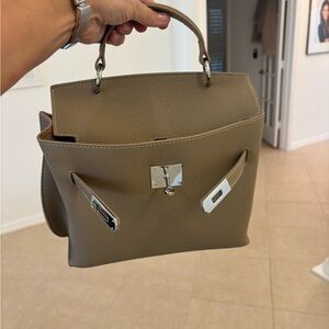 Elegant Tan Leather Handbag Silver Bag .